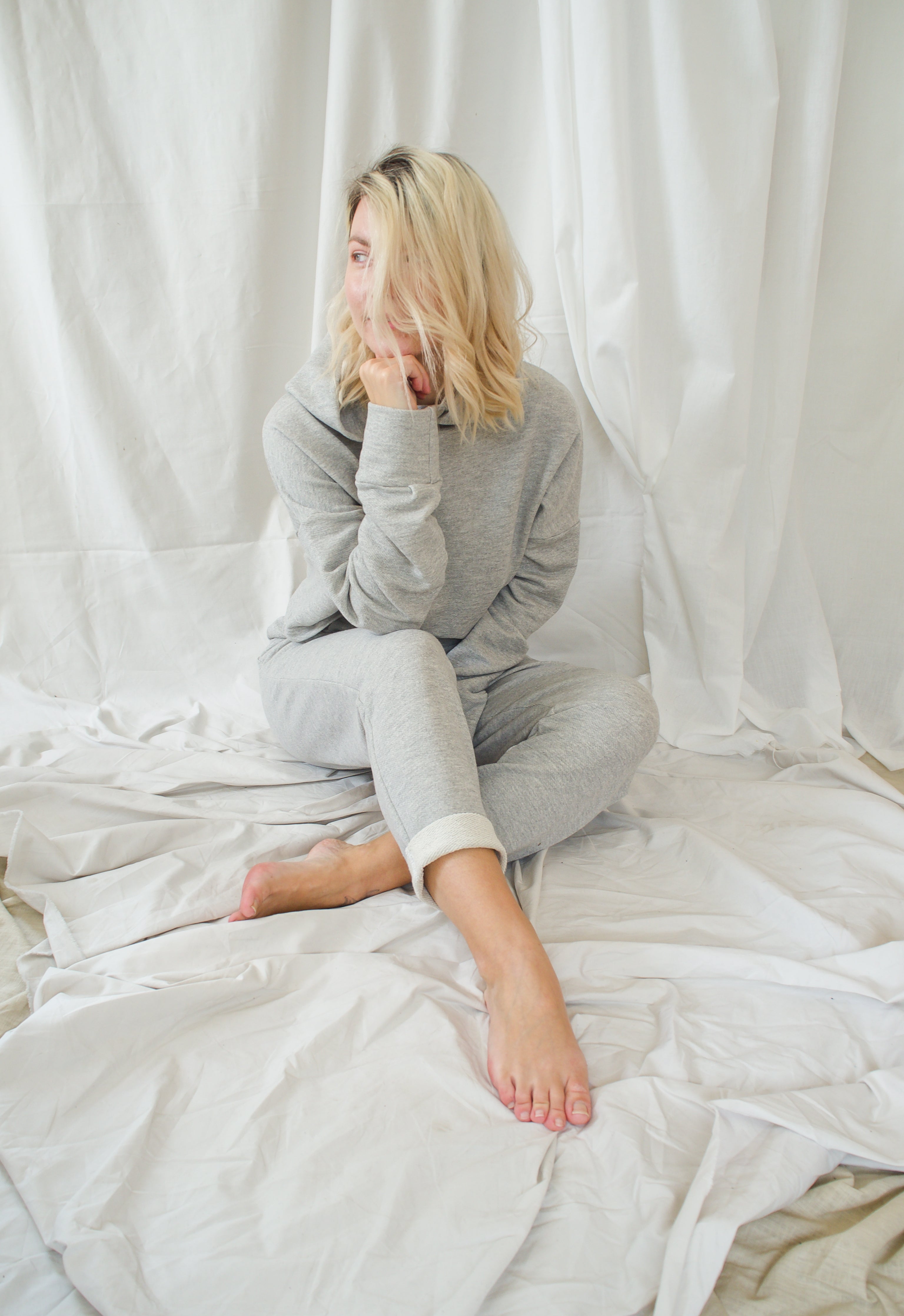 ADVA, adva studios, adva fashion, adva womenswear, sustainable fashion, sustainable clothing brand, ethical clothing brand, london brand, slow fashion brand, loungewear, light grey tracksuit, organic tracksuit, organic cotton loungewear