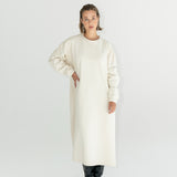 Model in ADVA oversized sweatshirt dress in offwhite color.