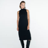 Model in ADVA black turtleneck dress.