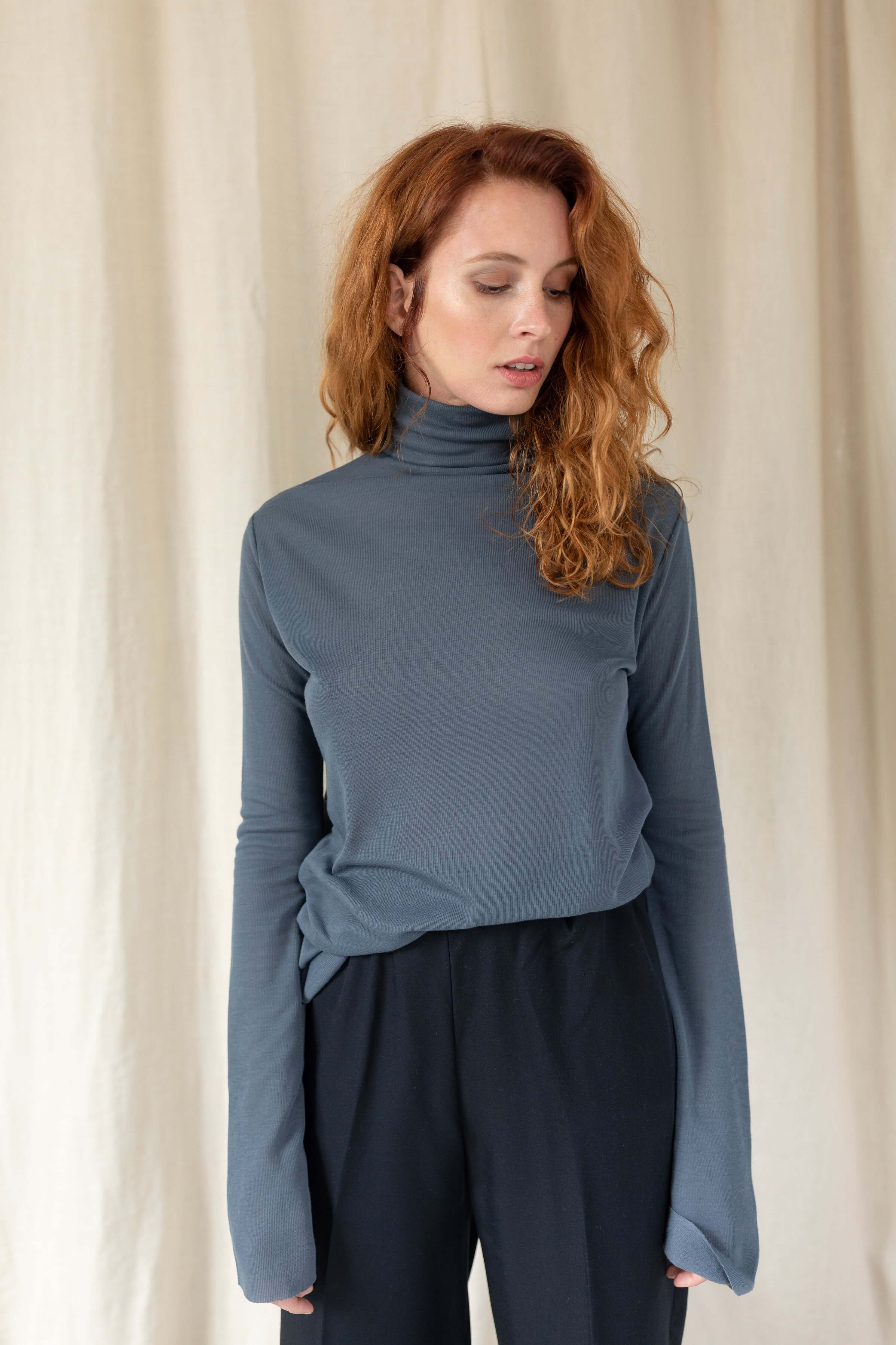 recycled polyester top, grey turtleneck, long sleeve top, adva studios